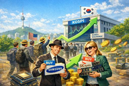 ChatGPT로 생성한 '삼성전자와 SK하이닉스를 순매수하며 코스피로 복귀하는 외국인 투자자' 관련 이미지.