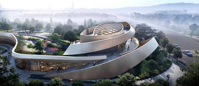 양재천 수변공원과 연계해 조성되는 단지 내 아트라운지 '스파이럴 쉘' 투시도. 세계적 건축가 다니엘 리베스킨트가 설계에 참여했다. 삼성물산