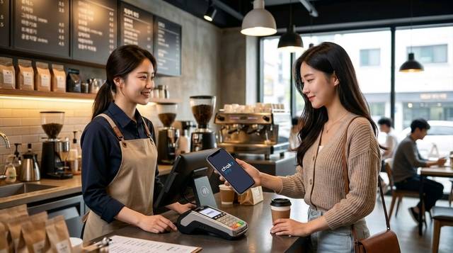 한 젊은 여성 고객이 한국조폐공사의 디지털 지역화폐 플랫폼 ‘착(chak)’을 통해 카페에서 모바일 결제를 하고 있다. (AI 활용 이미지) [조폐공사 제공]