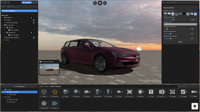 3D 에셋 외에도 화면 내 타일, 하늘, 노을 등 외부 환경 여건도 자유롭게 설정할 수 있다. 유니티 제공