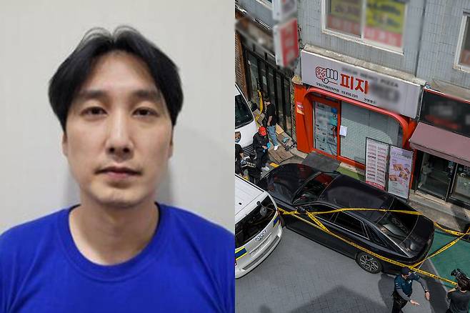 서울 관악구 피자가게에서 흉기를 휘둘러 3명을 살해한 혐의를 받는&nbsp;김동원 머그샷. 오른쪽은 지난해 9월3일 관악구 조원동 칼부림 사건이 발생한 피자가게에서 과학수사대가 현장조사를 하고 있다. 서울경찰청 제공·뉴시스
