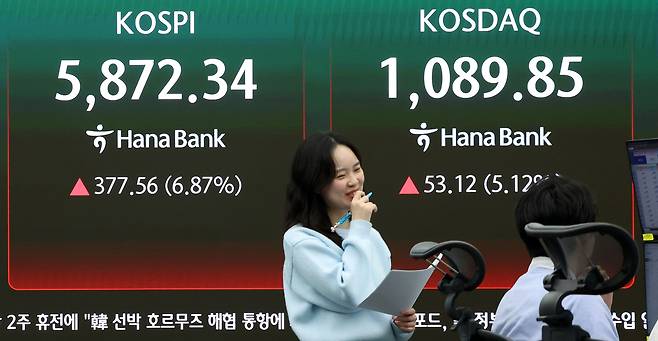 이란과 미국이 2주간의 휴전에 합의한 8일 을지로 하나은행 본점 딜링룸 직원들이   급등한 코스피 코스닥 전광판을 바라보고 있다. 권욱 기자