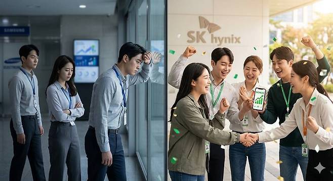 SK하이닉스의 성과급이 역대급에 달하면서 경쟁사인 삼성전자에선 상대적 박탈감을 느끼는 직원도 있다고. 사진=생성형 AI