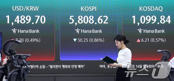 13일 서울 중구 하나은행 본점 딜링룸에 종가가 나오고 있다. 2026.4.13 ⓒ 뉴스1 김성진 기자