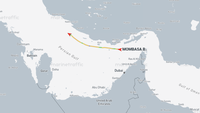 선박위치정보 조회사이트 마린트래픽에 잡힌 지난 12일부터 13일까지 하루동안 '뭄바사B'의 이동경로. 마린트래픽 화면 캡처.