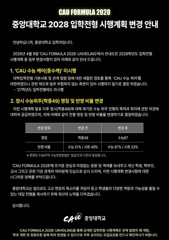 13일 중앙대 입학처에 올라온 공지. 중앙대 입학처 누리집 갈무리
