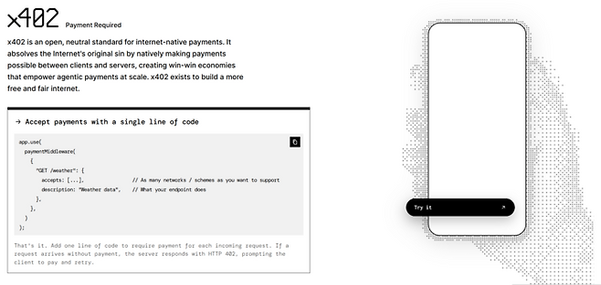단 한 줄의 코드로 인터넷 네이티브 결제(Internet-native payments)를 지원하며 HTTP 402 응답을 활용하는 x402 프로토콜의 기술 소개 화면. [출처=x402재단]