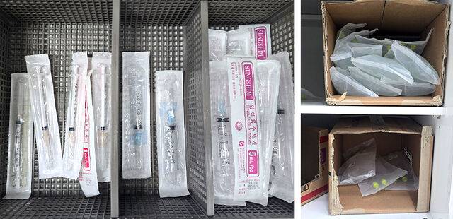 동물용 일회용 주사기(왼쪽 사진). 한 동물병원 약품보관실에 있는 수액제 상자가 바닥을 드러내고 있다. 대한수의사회