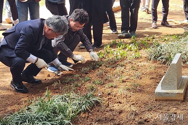 허민(왼쪽) 국가유산청장이 11일 오후 영월 장릉에서 남양주 사릉으로부터 가져온 구절초를 옮겨 심기하고 있다. 최수문기자