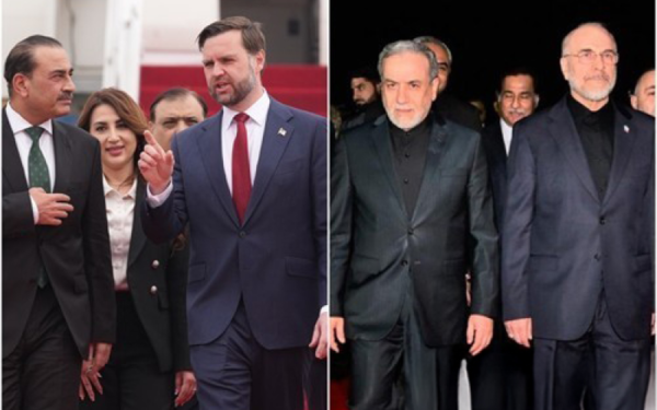 지난 11일&nbsp;파키스탄서 만난 미국 대표단(왼쪽)과 이란 대표단. 연합뉴스