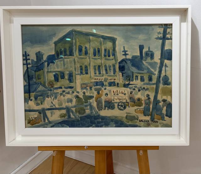 ‘목동과 낙원을 그린 거제 화가, 양달석 특별전’에서 전시 중인 작품. 부산 자갈치 시장을 그린 것으로 추정된다. 김은영 기자 key66@