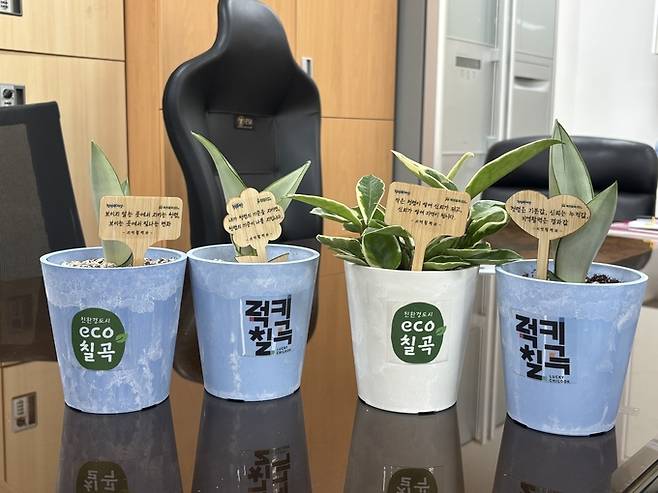 ▲ 칠곡군은 최근 본청 21개 실과를 대상으로 '청렴다짐 화분 팻말'을 배부했다.