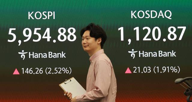 14일 서울 중구 하나은행 본점 딜링룸 현황판에 코스피, 코스닥 지수가 표시되고 있다. /연합뉴스 제공