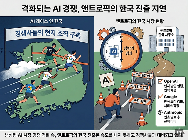 생성형 인공지능(AI) 시장 경쟁이 격화되는 가운데 앤트로픽의 한국 시장 진출이 좀처럼 속도를 내지 못하고 있다. / 제미나이 생성