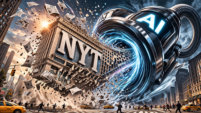 뉴욕타임스의 오픈AI 저작권 소송은 AI 작동 원리를 오판한 촌극이다. AI 크롤러는 기사의 가치나 저작권을 인식하지 않고 웹페이지 구조와 데이터 갱신 여부만 기계적으로 수집한다. 시스템의 데이터 소비를 '글 도둑'이라는 도덕적 프레임으로 재단하는 모순을 지적했다. /챗GPT 제작 이미지