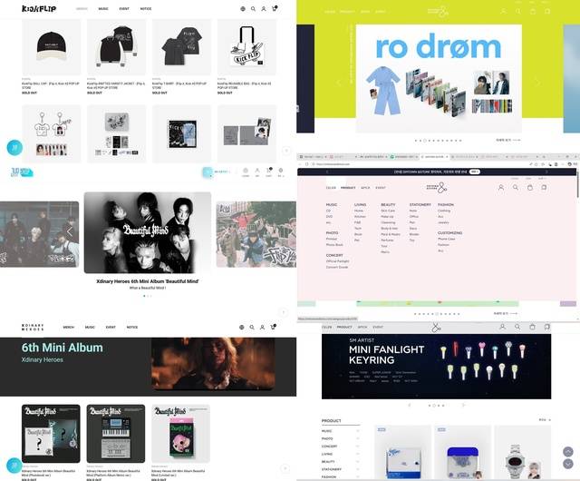 대형 기획사들은 소속 가수들의 공식 상품을 판매하는 전용 온라인 몰을 운영하고 있다. JYP(왼쪽)와 SM의 온라인몰. /홈페이지 캡처