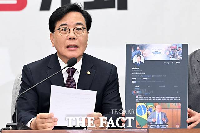 송언석 국민의힘 원내대표가 14일 오전 서울 여의도 국회에서 열린 원내대책회의에서 이재명 대통령의 SNS 게시물과 관련 발언을 하고 있다. /국회=남용희 기자