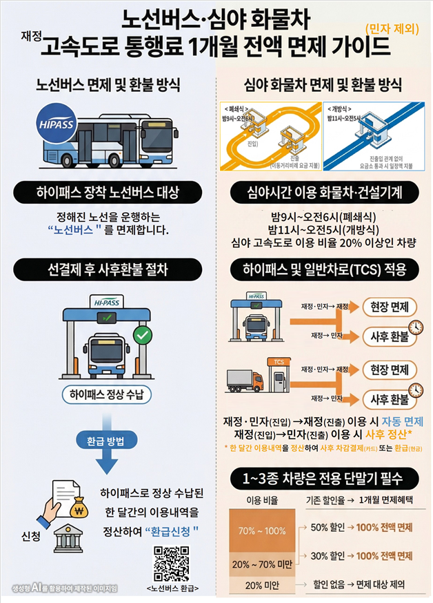 노선버스·심야 화물차 재정고속도로 통행료 면제 가이드. 국토부 제공