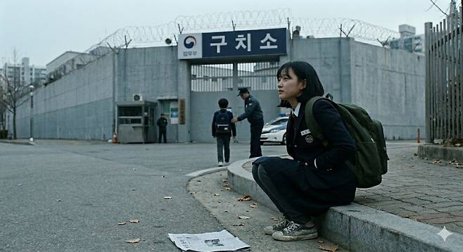 수용자 부모와의 돌봄 접견에 들어가는 동생과 구치소 앞에서 기다리는 누나의 모습을 표현한 인공지능(AI) 생성 이미지. 일러스트 제미나이