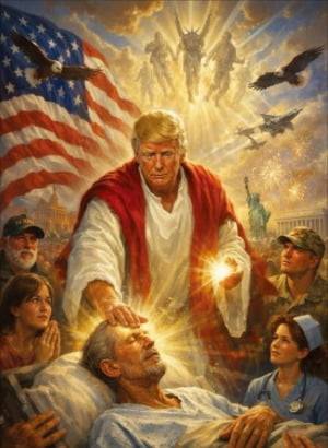 < 자신을 예수에 빗댄 트럼프 > 도널드 트럼프 미국 대통령이 12일(현지시간) SNS에 자신을 예수로 묘사한 인공지능(AI) 생성 이미지를 올렸다. ﻿ /트럼프 대통령 SNS 캡처