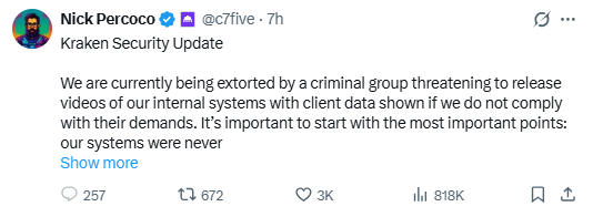 닉 퍼코코 크라켄 최고보안책임자(CSO)가 엑스(X)를 통해 범죄 집단으로부터 고객 정보 유출 협박을 받고 있다는 사실을 알리며, 범죄자와 타협하지 않겠다는 강경한 입장을 밝히고 있다. [출처 = 닉 퍼코코 X]