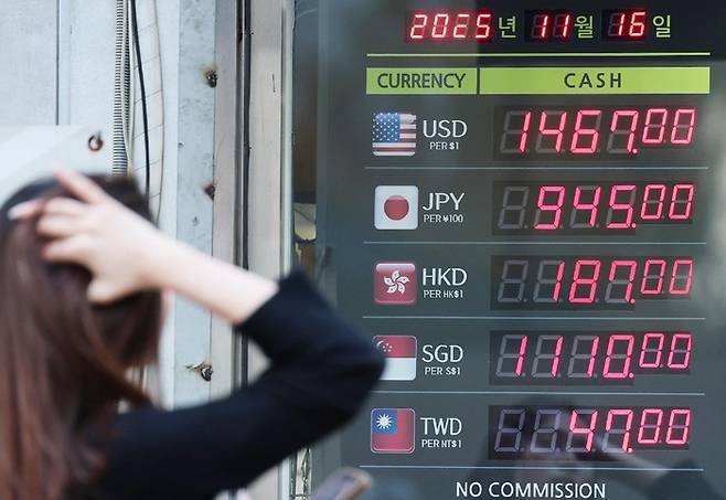 원·달러 환율이 고공행진을 이어가고 있다. 사진은 지난 16일 오후 서울 중구 명동거리의 환전소. [뉴스1]