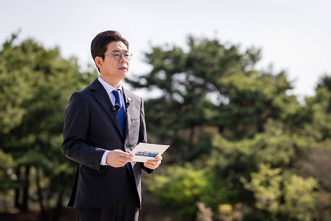 정원오 더불어민주당 서울시장 후보가 14일 서울 용산구 국립중앙박물관에서 문화·관광 분야 공약을 발표하고 있다. [정원오 캠프 제공]