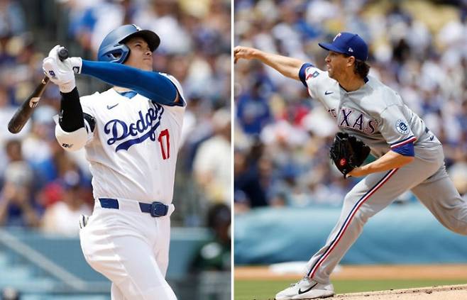 미국 프로야구 메이저리그(MLB) 로스앤젤레스(LA) 다저스 타자 오타니 쇼헤이(왼쪽)가 13일(한국시간) 미국 캘리포니아주 LA 다저스타디움에서 열린 텍사스 레인저스와의 경기 1회 첫 타석에서 상대 선발 투수 제이컵 디그롬(오른쪽)으로부터 초구 홈런을 퍼 올리고 있다. 로스앤젤레스 AP 연합뉴스