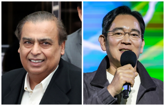 무케시 암바니(왼쪽) 인도 릴라이언스 그룹 회장, 이재용 삼성전자 회장. 뉴스1