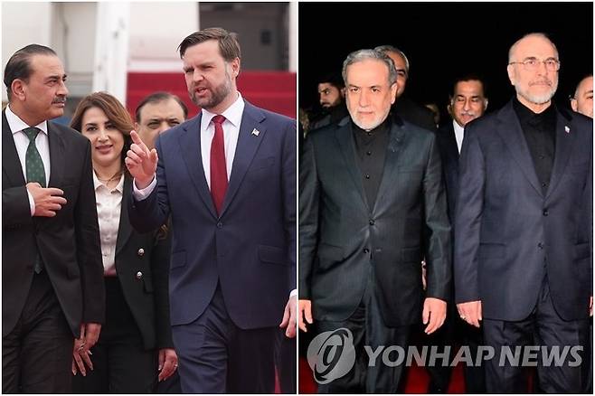 지난 11일 파키스탄서 만난 미국 대표단(왼쪽)과 이란 대표단 [AP·EPA=연합뉴스 자료사진. 재판매 및 DB 금지]