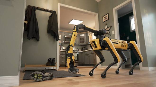 스팟이 바닥에 널브러진 신발을 집어 올리는 장면 (사진=보스턴다이나믹스)