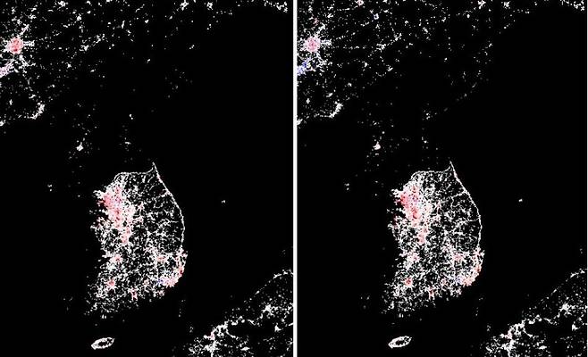 한반도의 2014년(왼쪽)과 2022년 야간조명 변화. 빨간색은 그해에 밤이 더 밝아진 지역, 흰색은 큰 변화가 없는 지역이다. 북한의 어두운 밤은 이 기간 중 거의 변화가 없다. 구글 인터랙티브 지도