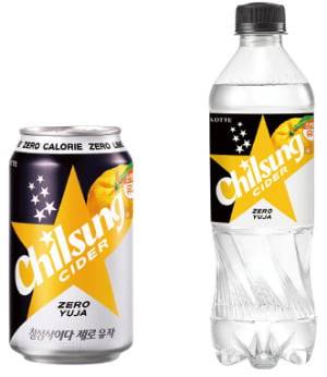롯데칠성음료 ‘칠성사이다 제로 유자’ 355mL 캔과 500mL 페트 제품.  롯데칠성음료 제공