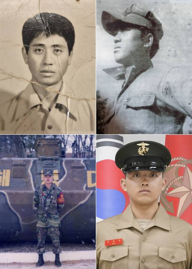 해병대 창설 77년 이래 첫 ‘4대 해병’ 가족이 탄생했다. 주인공인 해병 1327기 김준용 이병 가족이다. 왼쪽 위부터 시계방향으로 증조부인 고 김재찬(병 3기), 조부 김은일 해병(병 173기), 김 이병(병 754기), 부친 김철민 해병(병 754기), 해병대 교육훈련단 제공,