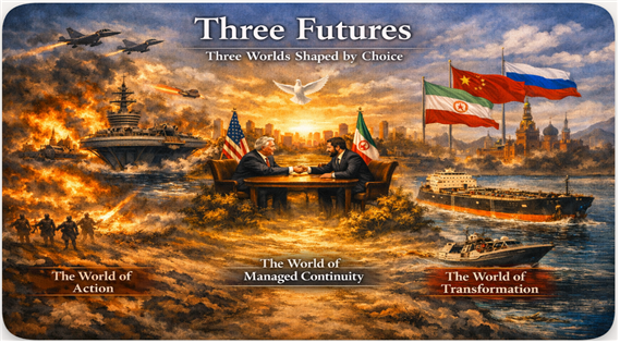 트럼프의 선택에 의해 우리가 마주하게 될 3가지 미래 세계에 대한 상상도. 김태준 한반도안보문제연구소장 AI 그림