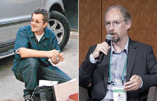 뱅크시라고 보도된 로빈 거닝엄(왼쪽)과 비트코인 창시자로 보도된 '애덤 백'. SNS캡처·연합뉴스