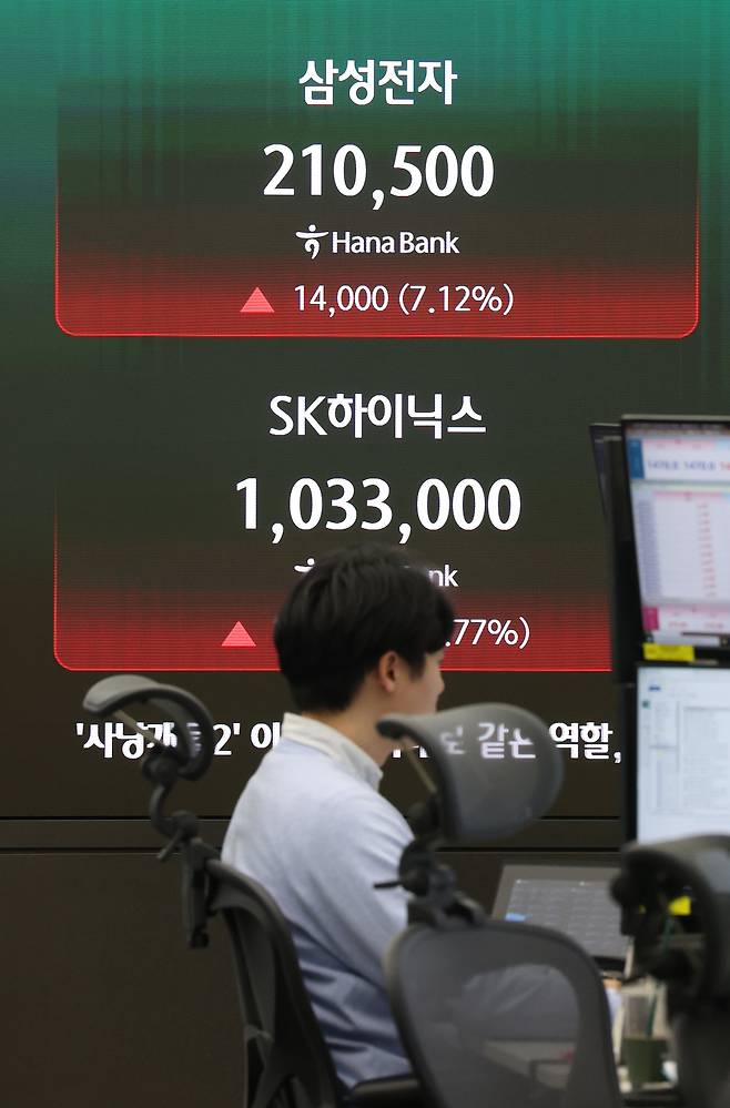 지난 8일 서울 중구 하나은행 본점 딜링룸 현황판에 삼성전자와 SK하이닉스 주가가 표시돼 있다. 연합뉴스
