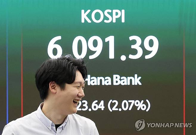 코스피, 6,000선 재돌파 마감 (서울=연합뉴스) 이지은 기자 = 15일 서울 중구 하나은행 본점 딜링룸 현황판에 코스피가 표시되고 있다. 이날 코스피는 전장보다 123.64포인트(2.07%) 오른 6,091.39에, 코스닥 지수는 전장보다 30.55포인트(2.72%) 오른 1,152.43에 장을 마쳤다. 2026.4.15 jieunlee@yna.co.kr