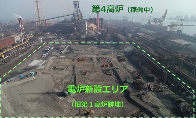 일본제철이 구제1고로자리(파선으로 감싸인 구역)에 전로신설 공사에 착공했다. /일본제철 제공