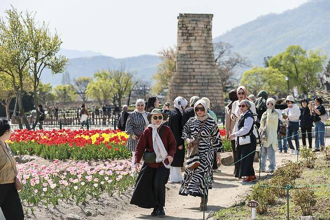 ▲ 경주 동부사적지에서 외국인 관광객들이 첨성대를 배경으로 산책을 즐기고 있다. 경주시
