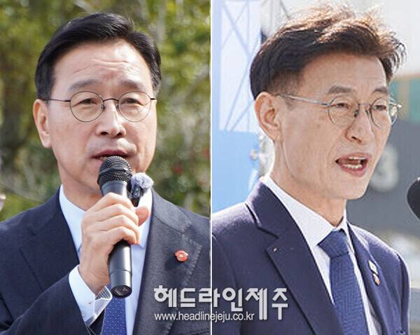 6·3지방선거에 출마할 더불어민주당 제주도지사 후보 선출을 위한 마지막 결선투표가 16일 시작된 가운데, 누가 공처자로 확정될지 도민사회 관심이 집중되고 있다. 사진 왼쪽부터 위성곤 후보와 문대림 후보(기호 순)