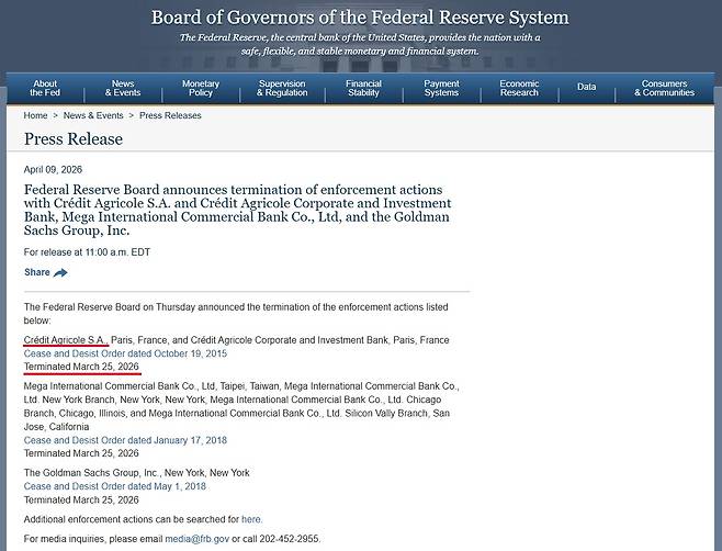 미국 연방준비제도(Fed)가 10년 넘게 이어진 크레디 아그리콜에 대한 제재를 종료한다고 지난달 9일 발표했다. / 연방준비제도 홈페이지 갈무리
