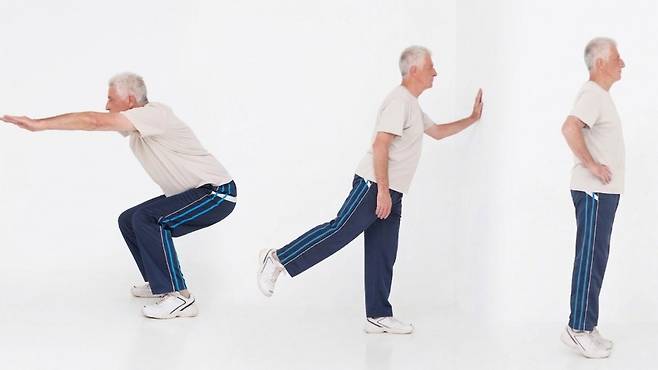 (좌측부터) 맨몸 스쿼트, 다리 뒤로 뻗기, 카프 레이즈 | 출처: 클립아트코리아, Gemini 생성