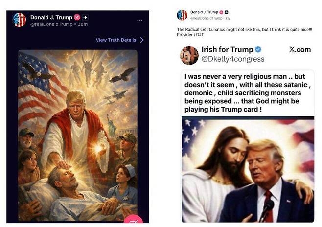 도널드 트럼프 미국 대통령이 자신의 소셜미디어에 지난 12일 올린 그림(왼쪽)과 15일 올린 이미지. 트루스소셜 갈무리