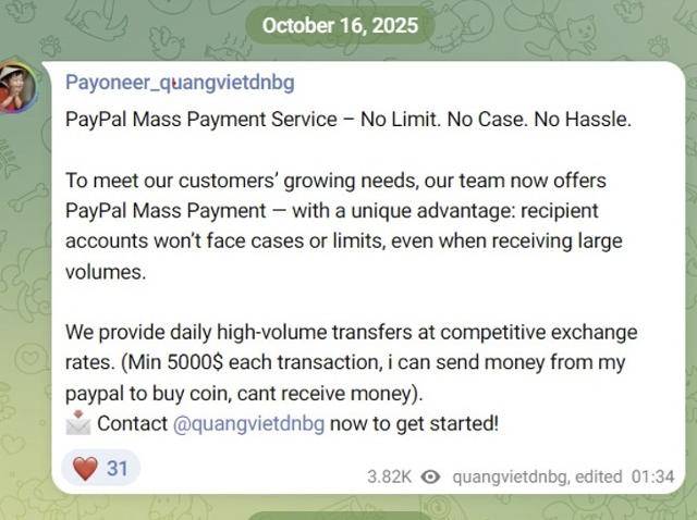 콴비엣이 텔레그램 채널에서 '페이오니어 대포통장'을 구하는 모습. 미국 재무부는 콴비엣이 이 같은 방식으로 250만 달러를 북한으로 송금했다고 밝혔다.