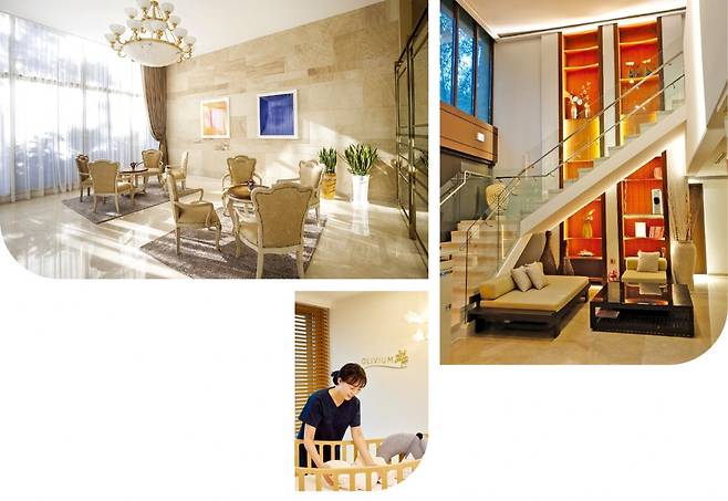 ① 서울 종로 올리비움 산후조리원 휴게 공간.
② 세인트파크 산후조리원 내부.
③ 침구를 정리하는 산후관리사.

 올리비움·세인트파크 제공