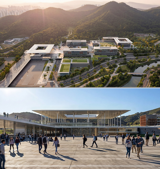 질서로서의 국정 : 제도의 공간적 태도 작품. 지형 등고를 따라 소통협력시설, 업무시설, 집무시설을 단계적으로 상승하는 단 위에 구성하고 시민의 주권이 모여 응축되는 과정을 개비온(돌망태)과 석재를 활용해 표현하고 있다. 행정중심복합도시건설청 제공