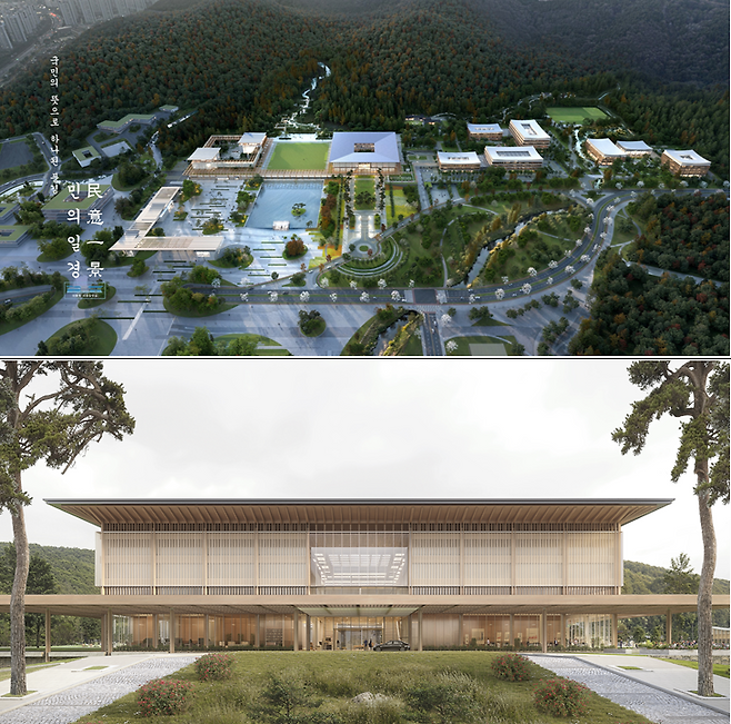 국민의 뜻으로 하나된 풍경·민의일경(民意一景) 작품. 집무 공간과 소통 공간을 하나의 축 위에 둬 수평적으로 배치하고 열린 마당으로 연결하며 기와와 세살문의 전통건축의 미학을 현대적 소재로 재해석해 단아하고 절제된 집무실을 보여주고 있다. 행정중심복합도시건설청 제공