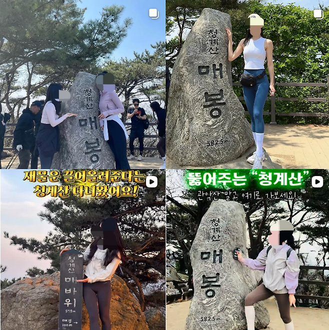 Search results for Cheonggyesan on Instagram show numerous photos and videos of women hikers in leggings. (Instagram)
