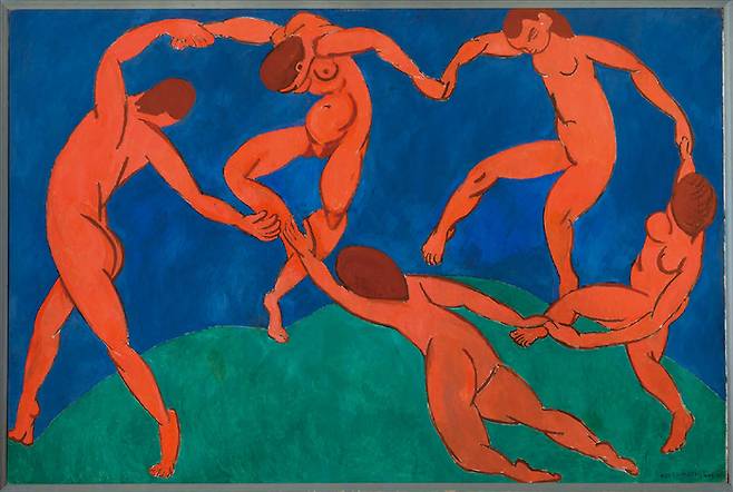 야수파 창시자인 앙리 마티스가 1909년 그린 ‘춤 II’. 강렬한 원색과 거친 선으로 발표 당시 엄청난 공격을 받은 작품이다. 
(에르미타주 제공)
